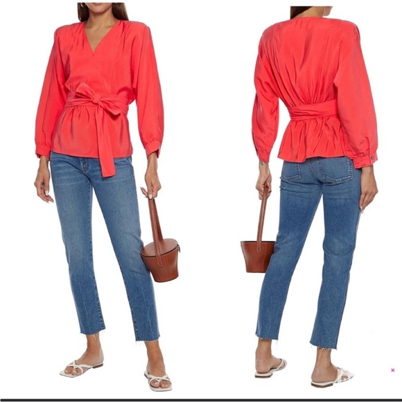 NWT Ba&sh Cola Wrap Top Crepe De Chine Blouse in Vermillion Size 2 - Picture 2 of 7